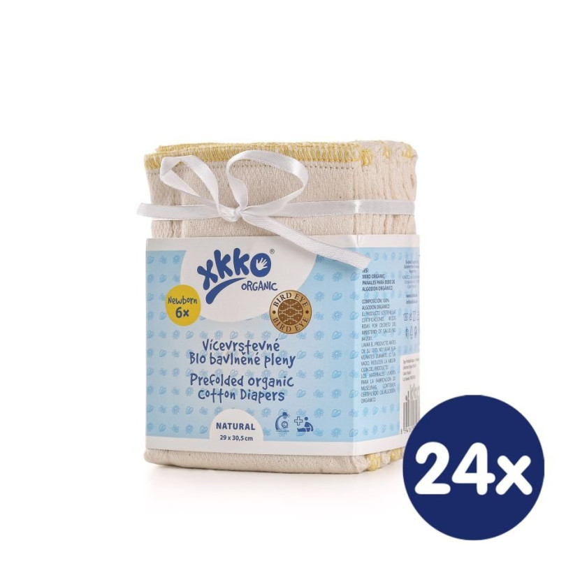 Prefolded Diapers XKKO Organic (4/6/4) - BirdEye Newborn Natural 24x6ps (Wholesale pack)
