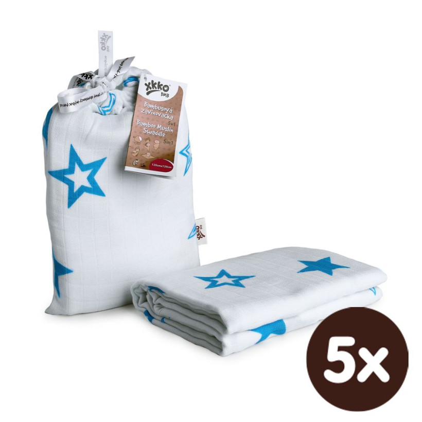 Bamboo swaddle XKKO BMB 120x120 - Cyan Stars 5x1ps (Wholesale packaging)