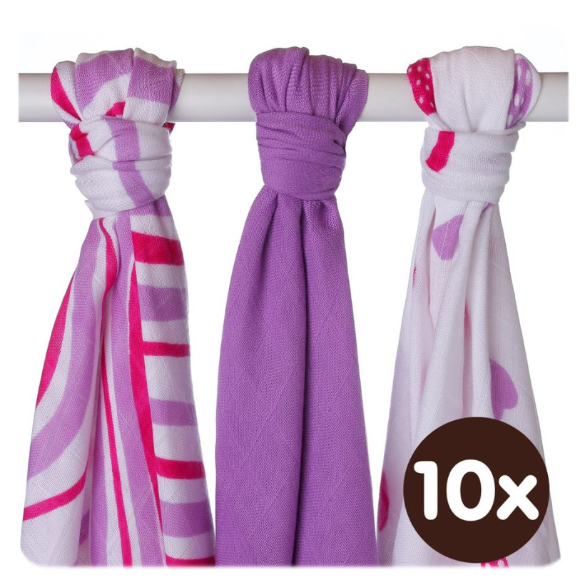 Bamboo muslins XKKO BMB 70x70 - Hearts&Waves Lilac MIX 10x3pcs (Wholesale packaging)