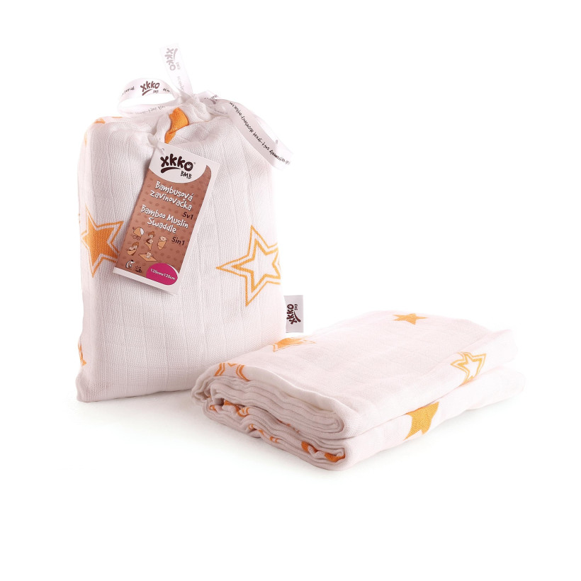 Bamboo swaddle XKKO BMB 120x120 - Orange Stars 5x1ps (Wholesale packaging)