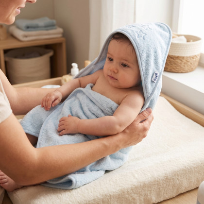 Hooded terry bath towel XKKO Organic 90x90 - Baby Blue Stars