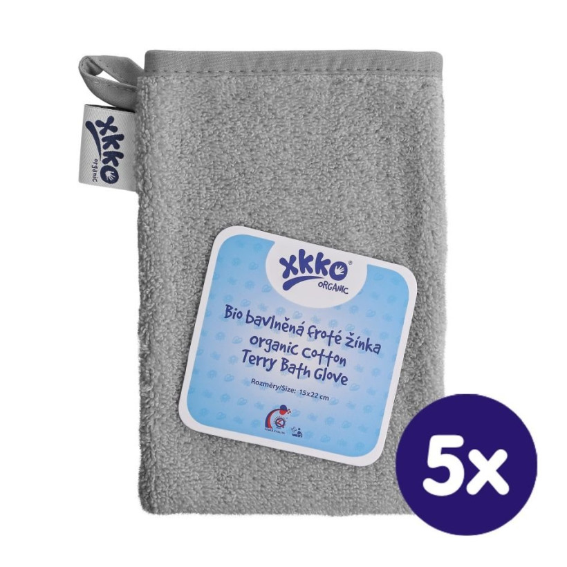 Organic cotton Terry Bath Glove XKKO Organic - Silver 5x1ps (Wholesale pack.)
