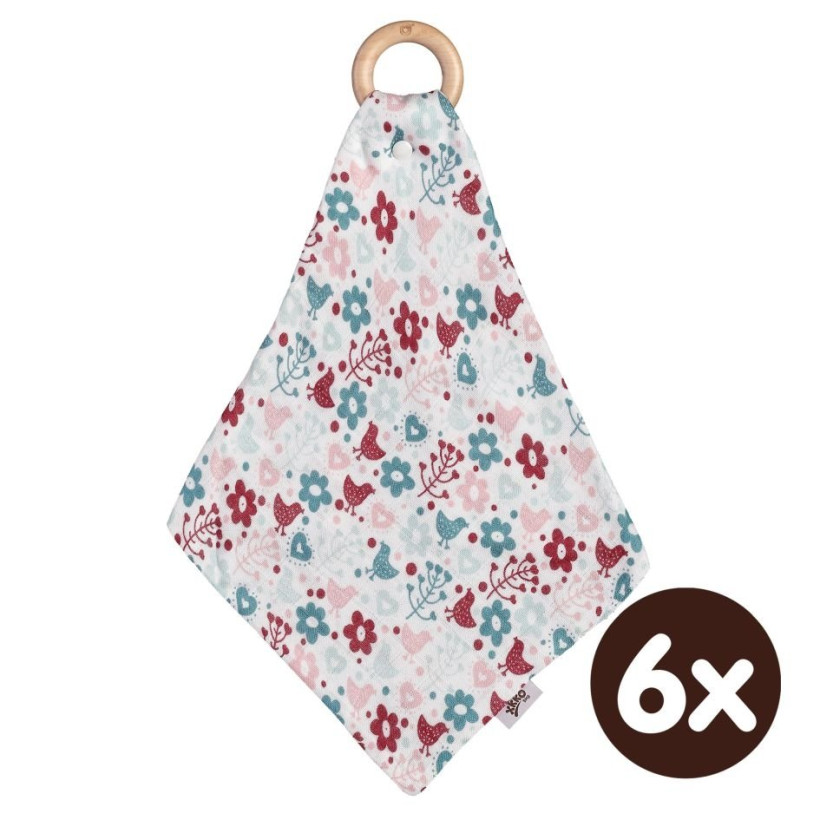 XKKO BMB Bamboo teether with Muslin - Flowers&Birds Girls 6x1ps (Wholesale pack.)