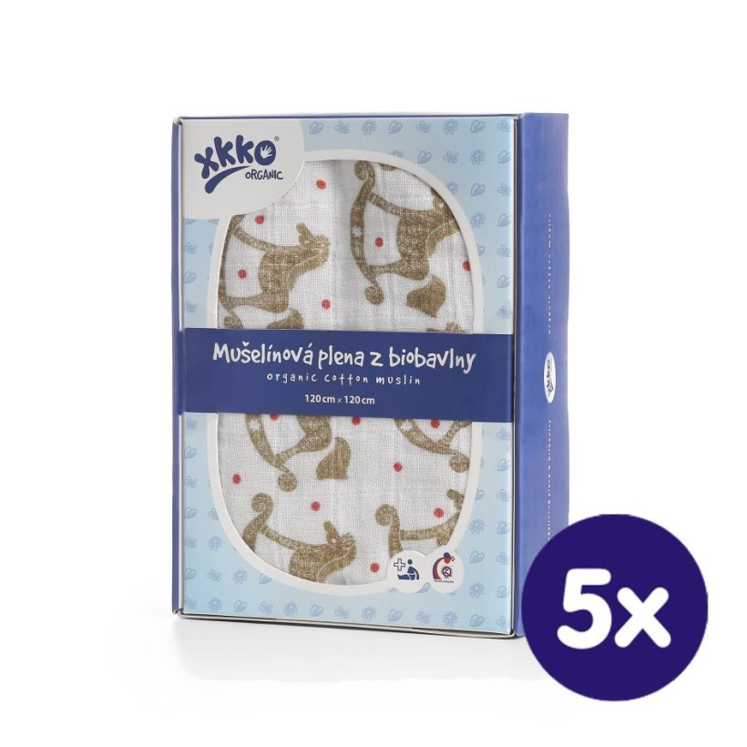 Organic Cotton Swaddle XKKO Organic 120x120 - Rocking Horses Gold 5x1ps (Wholesale pack.)