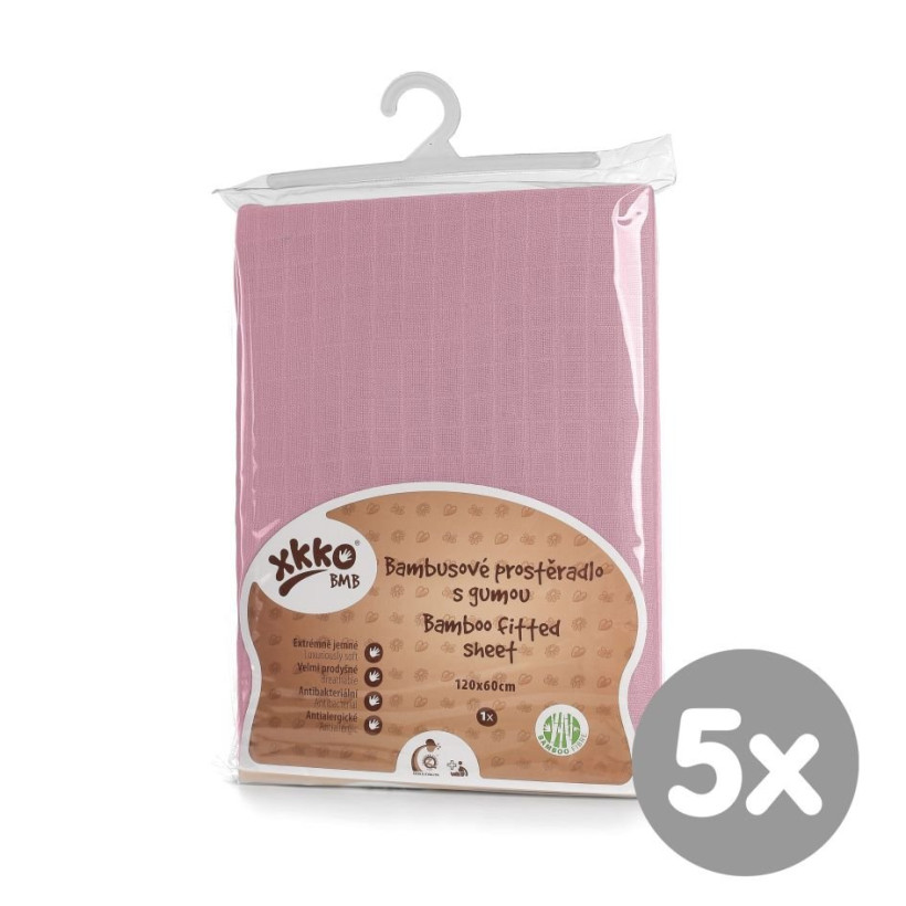 Bamboo muslin fitted bed sheet XKKO BMB 120x60 - Baby Pink 5x1ps (Wholesale pack.)