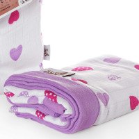 Bamboo muslin blanket XKKO BMB 100x100 - Lilac Hearts 5x1ps (Wholesale packing)