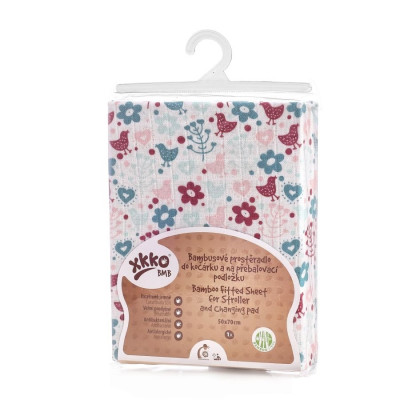 Bamboo muslin fitted sheet XKKO BMB 50x70 - Flowers&Birds For Girls