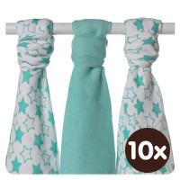 Bamboo muslins XKKO BMB 70x70 - Little Stars Turquoise MIX 10x3pcs (Wholesale packaging)