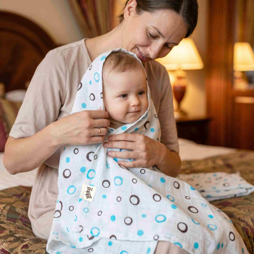 Bamboo muslin towel XKKO BMB 90x100 - Cyan Bubbles 10x1pcs (Wholesale packaging)