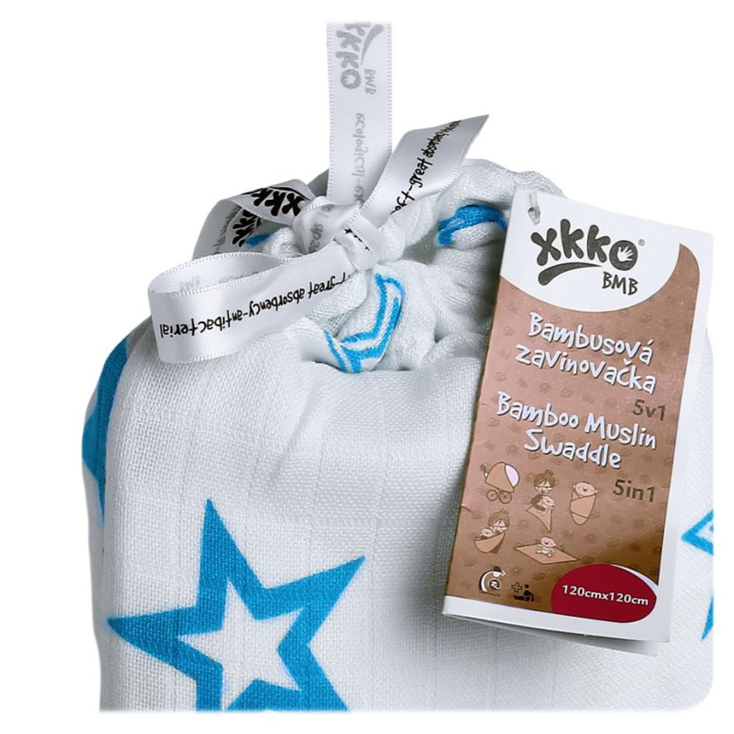 Bamboo swaddle XKKO BMB 120x120 - Cyan Stars 5x1ps (Wholesale packaging)
