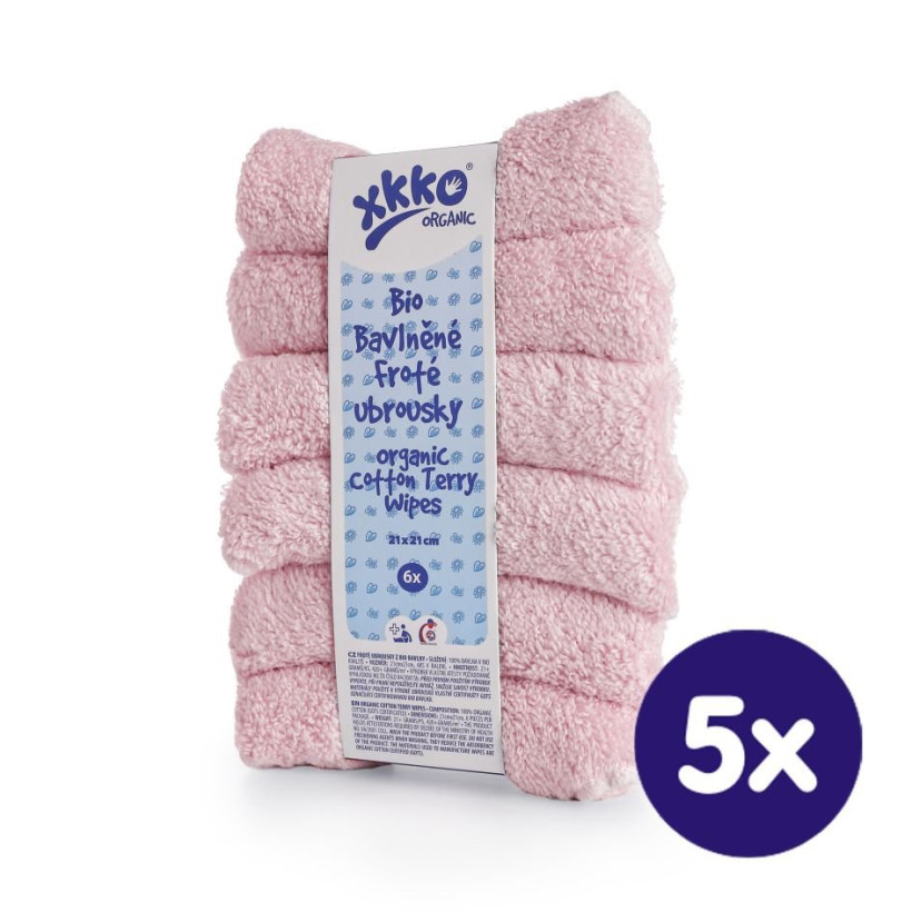 Organic cotton terry wipes XKKO Organic 21x21 - Baby Pink 5x6ps (Wholesale pack.)