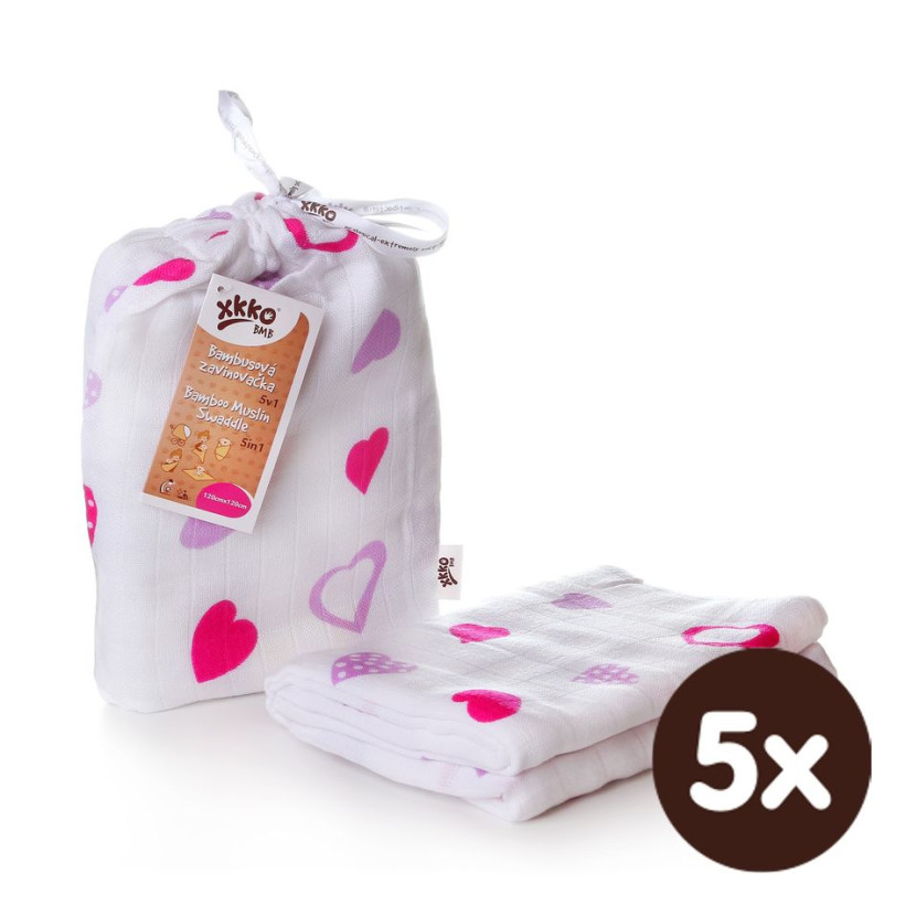 Bamboo swaddle XKKO BMB 120x120 - Lilac Hearts 5x1ps (Wholesale packaging)