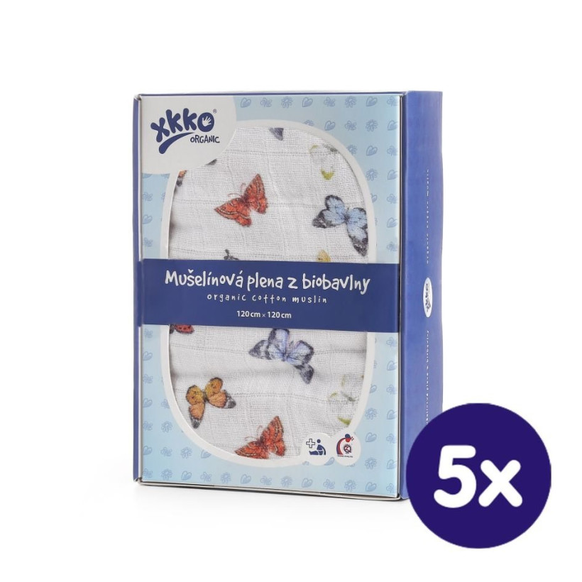 Organic Cotton Swaddle XKKO Organic 120x120 - Butterflies 5x1ps (Wholesale pack.)