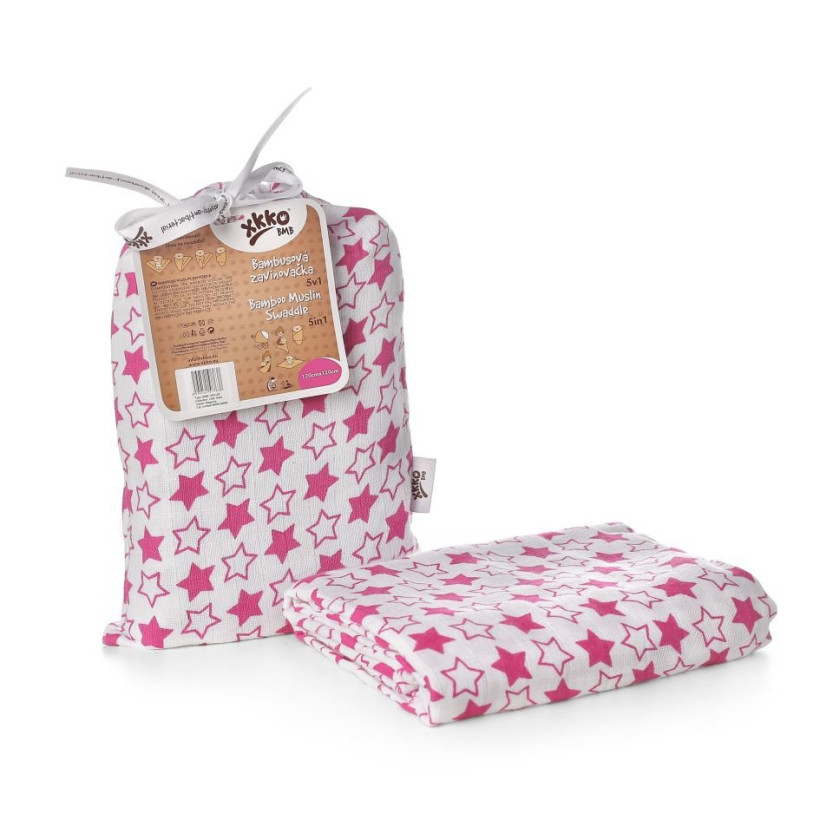 Bamboo swaddle XKKO BMB 120x120 - Little Stars Magenta 5x1ps (Wholesale packaging)