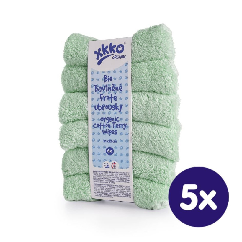 Organic cotton terry wipes XKKO Organic 21x21 - Mint 5x6ps (Wholesale pack.)