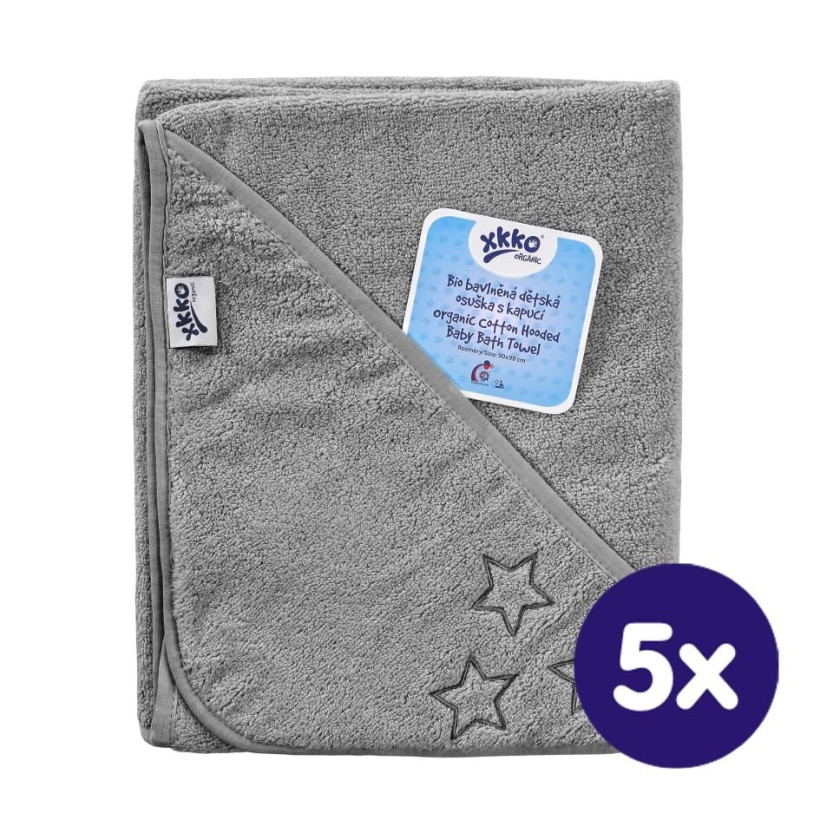 Hooded terry bath towel XKKO Organic 90x90 - Silver Stars 5x1ps (Wholesale pack.)