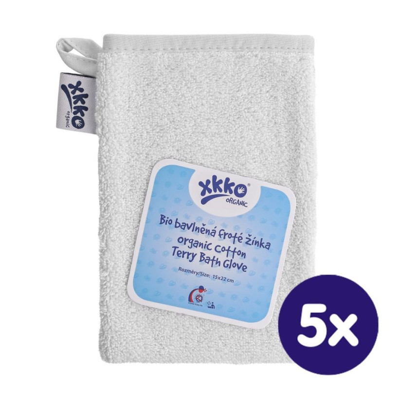 Organic cotton Terry Bath Glove XKKO Organic - White 5x1ps (Wholesale pack.)