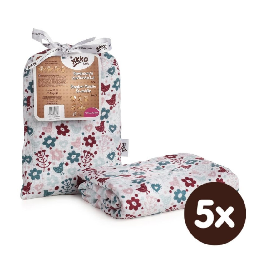 Bamboo swaddle XKKO BMB 120x120 - Flowers&Birds Girls 5x1ps (Wholesale packaging)