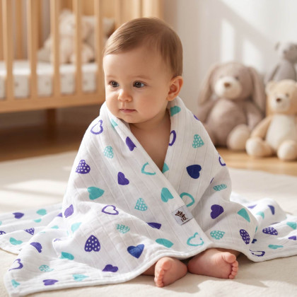 Bamboo muslin towel XKKO BMB 90x100 - Ocean Blue Hearts