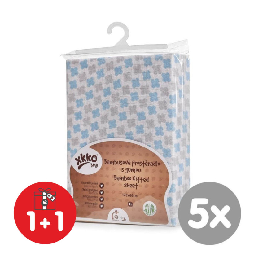 Bamboo muslin fitted bed sheet XKKO BMB 120x60 - Baby Blue Cross 5x1ps (Wholesale pack.)