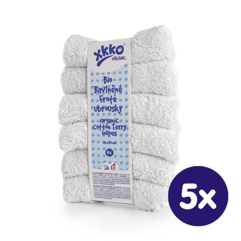 Organic cotton terry wipes XKKO Organic 21x21 - White 5x6ps (Wholesale pack.)