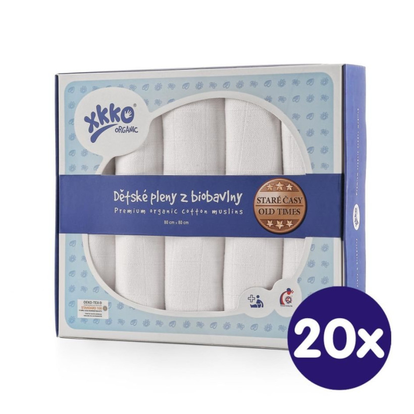 Organic Cotton Muslins XKKO Organic 80x80 Old Times - White 20x5ps (Wholesale pack.)