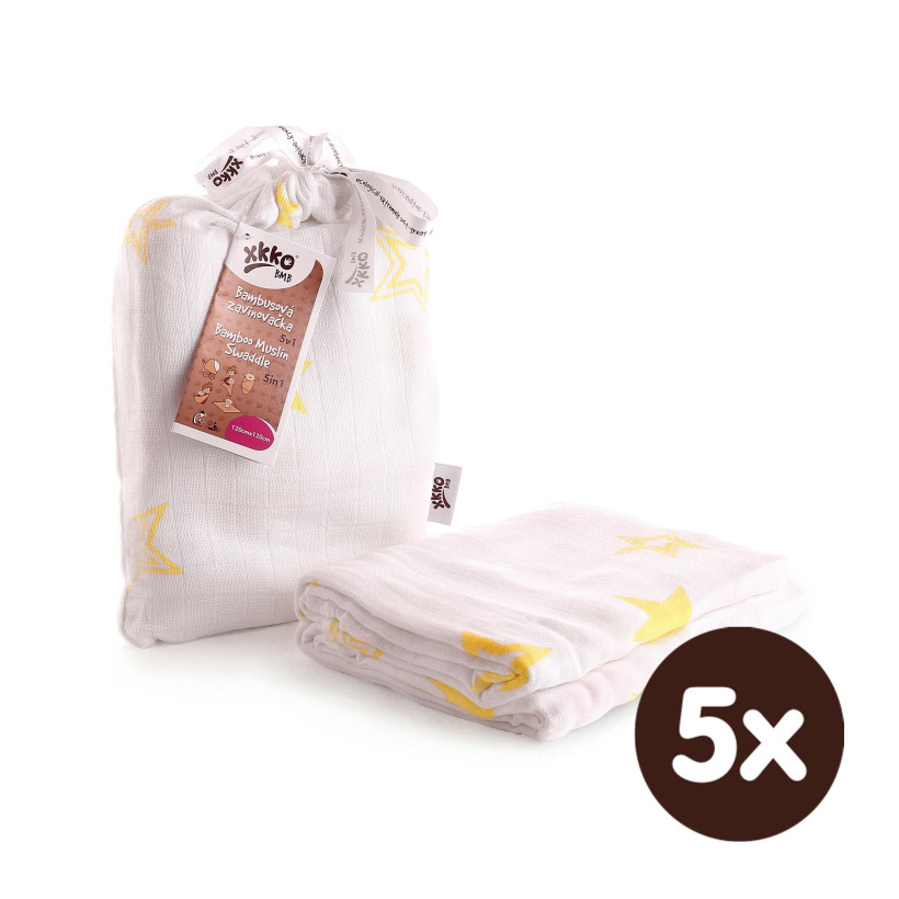 Bamboo swaddle XKKO BMB 120x120 - Lemon Stars 5x1ps (Wholesale packaging)