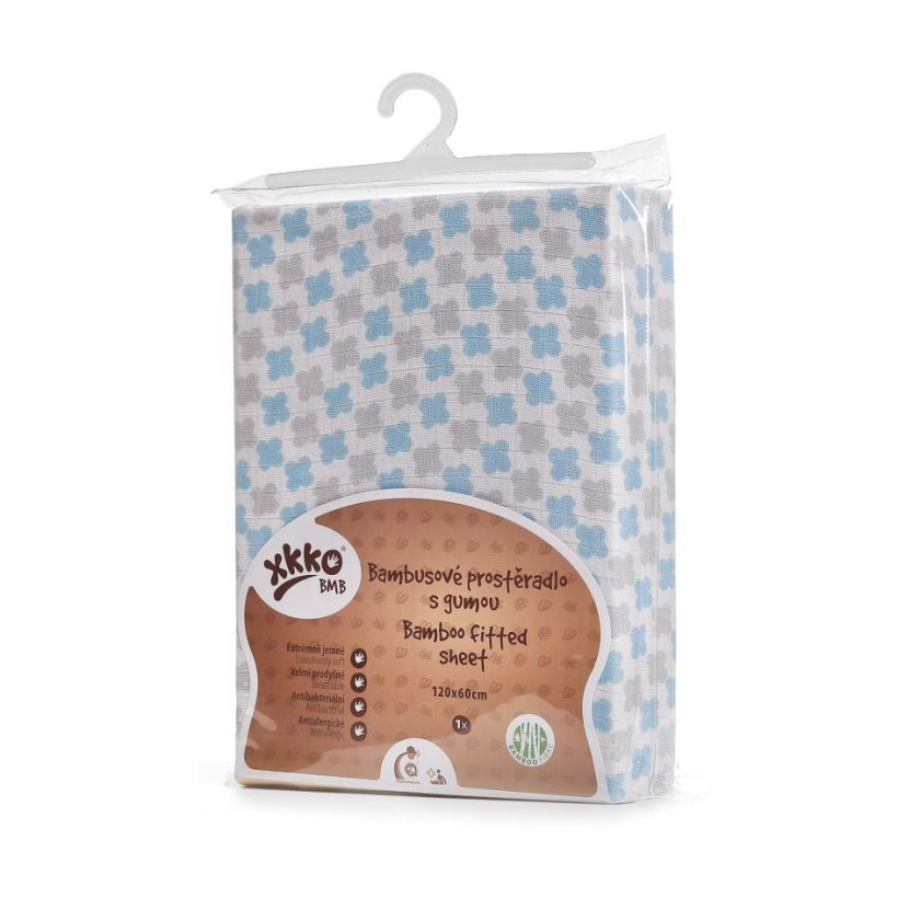 Bamboo muslin fitted bed sheet XKKO BMB 120x60 - Baby Blue Cross