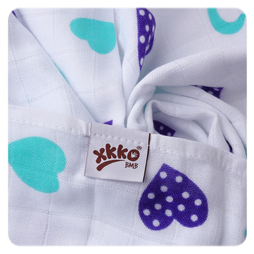 Bamboo muslin towel XKKO BMB 90x100 - Ocean Blue Hearts 10x1pcs (Wholesale packaging)