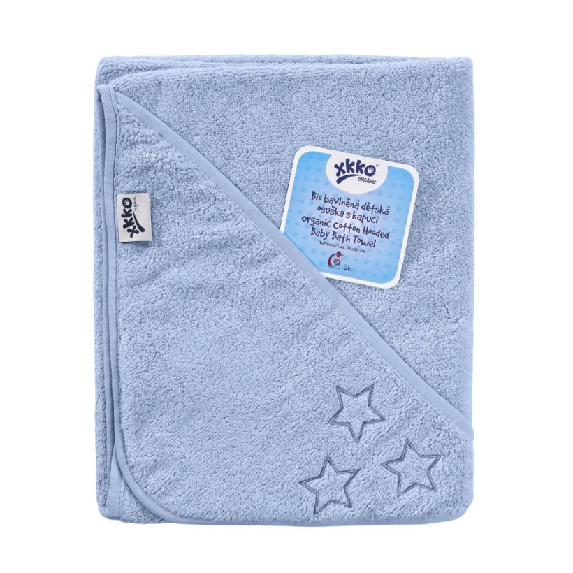 Hooded terry bath towel XKKO Organic 90x90 - Baby Blue Stars