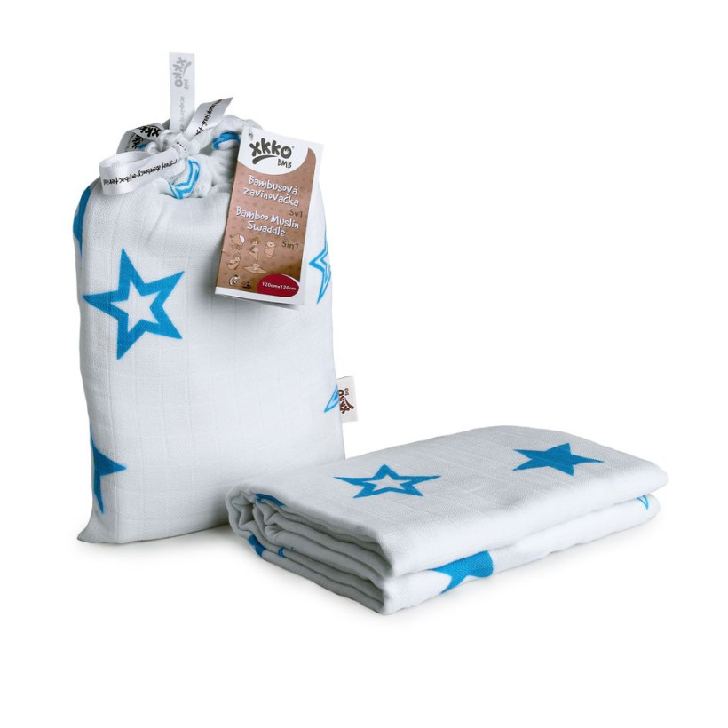 Bamboo swaddle XKKO BMB 120x120 - Cyan Stars 5x1ps (Wholesale packaging)