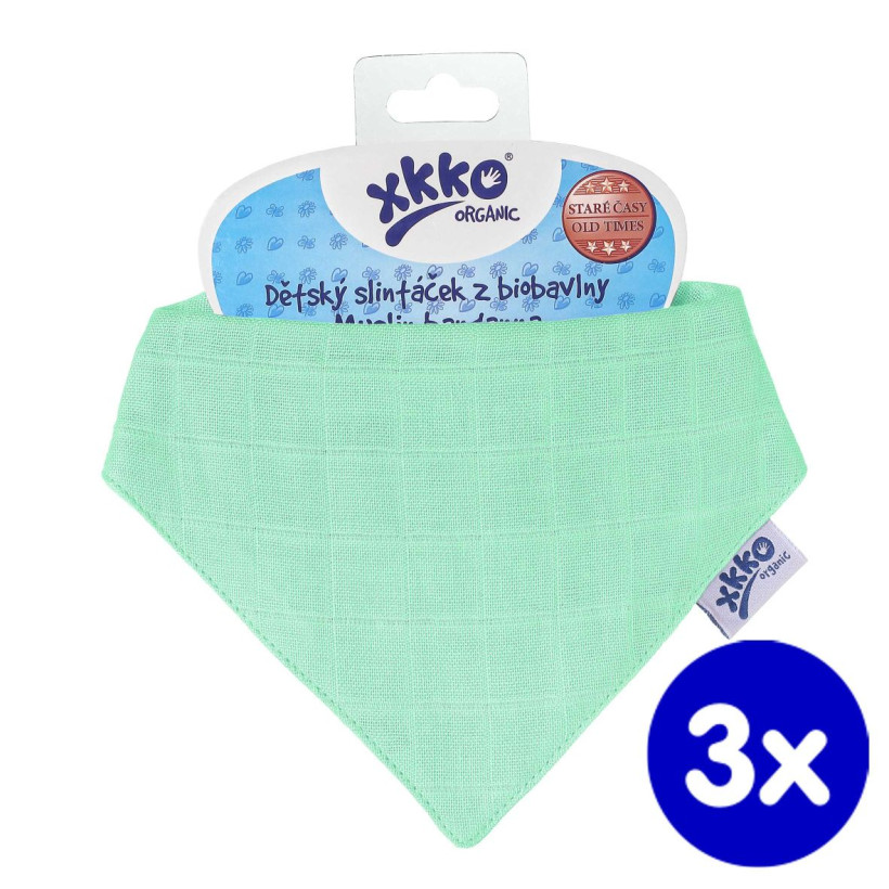 Organic Cotton Muslin Bandana XKKO Organic - Green 3x1ps (Wholesale pack.)