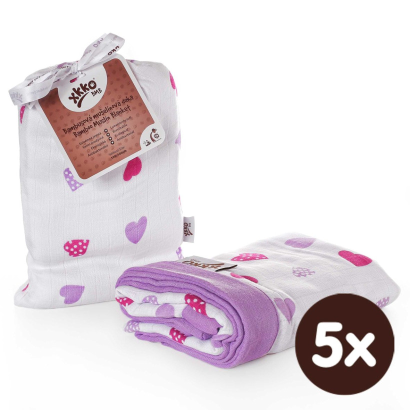 Bamboo muslin blanket XKKO BMB 100x100 - Lilac Hearts 5x1ps (Wholesale packing)