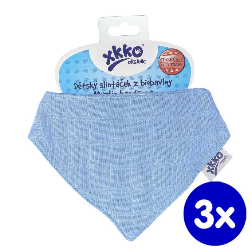 Organic Cotton Muslin Bandana XKKO Organic - Ocean Blue 3x1ps (Wholesale pack.)