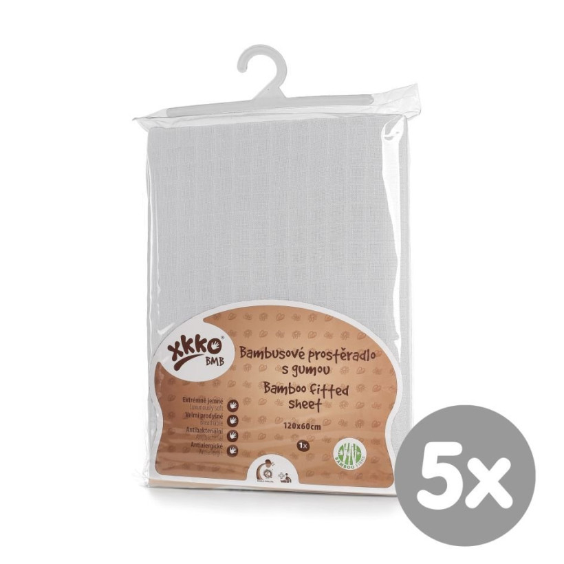 Bamboo muslin fitted bed sheet XKKO BMB 120x60 - White 5x1ps (Wholesale pack.)