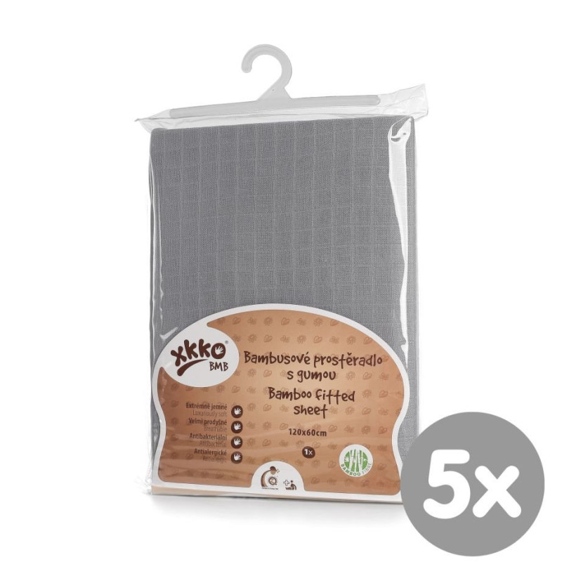 Bamboo muslin fitted bed sheet XKKO BMB 120x60 - Baby Grey 5x1ps (Wholesale pack.)