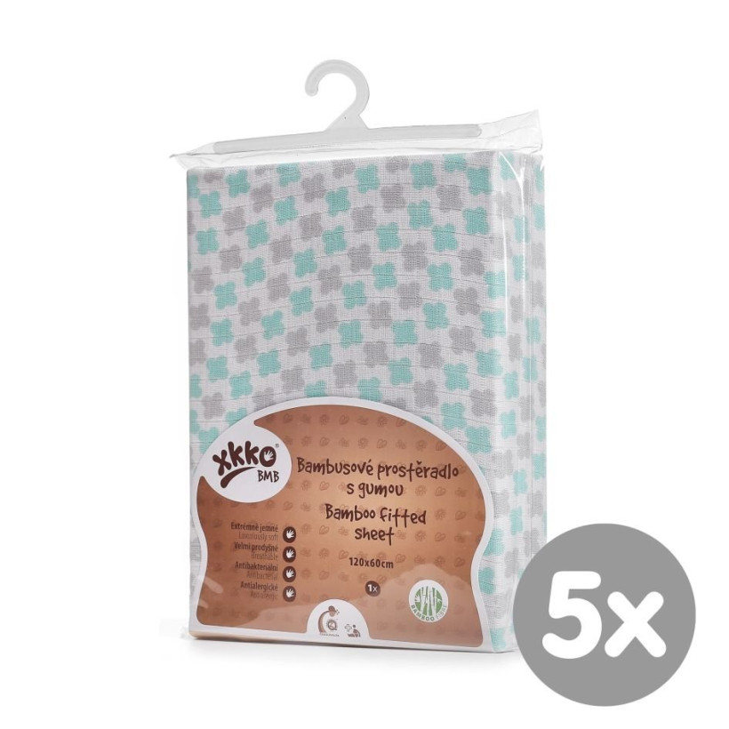 Bamboo muslin fitted bed sheet XKKO BMB 120x60 - Mint Cross 5x1ps (Wholesale pack.)