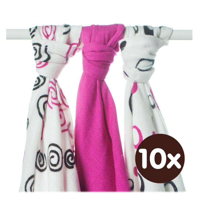 Bamboo muslins XKKO BMB 70x70 - Spirals&Bubbles Magenta MIX 10x3pcs (Wholesale packaging)