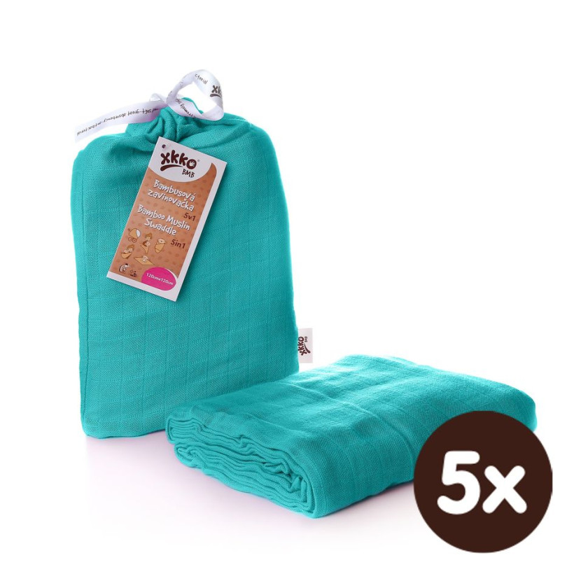 Bamboo swaddle XKKO BMB 120x120 - Turquoise 5x1ps (Wholesale packaging)