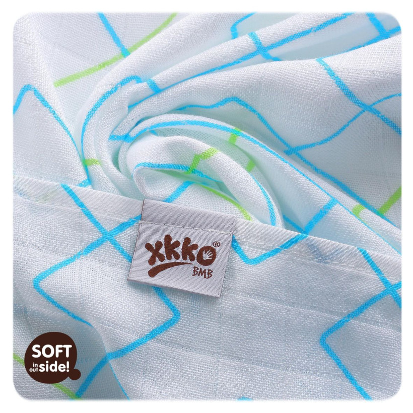 Bamboo muslin towel XKKO BMB 90x100 - Cyan Squares 10x1pcs (Wholesale packaging)