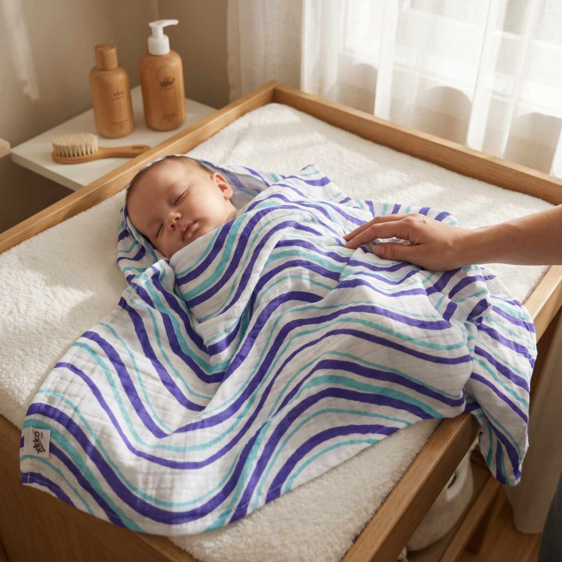 Bamboo muslin towel XKKO BMB 90x100 - Ocean Blue Waves