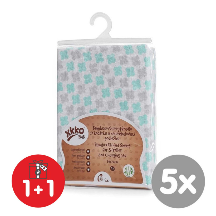 Bamboo muslin fitted sheet XKKO BMB 50x70 - Mint Cross 5x1ps (Wholesale pack.)