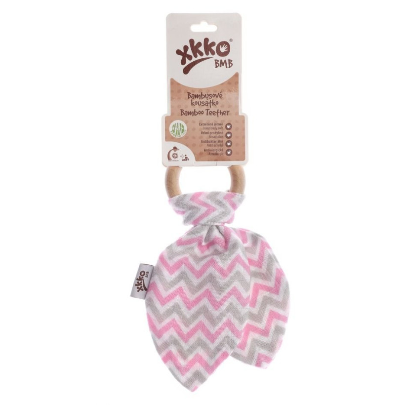 XKKO BMB Bamboo teether with Leaves - Chevron Baby Pink
