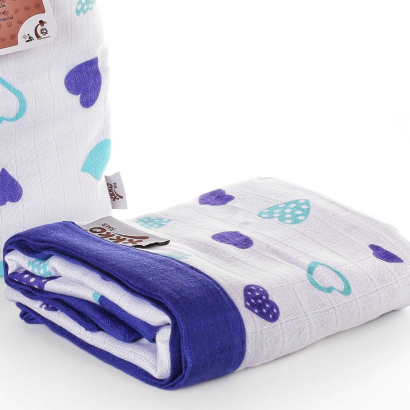 Bamboo muslin blanket XKKO BMB 100x100 - Ocean Blue Hearts 5x1ps (Wholesale packing)