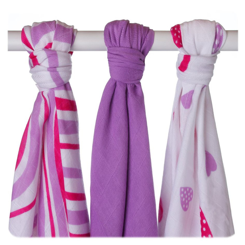 Bamboo muslins XKKO BMB 70x70 - Hearts&Waves Lilac MIX 10x3pcs (Wholesale packaging)