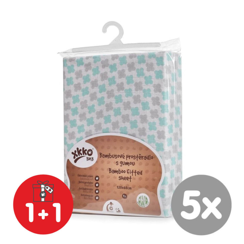 Bamboo muslin fitted bed sheet XKKO BMB 120x60 - Mint Cross 5x1ps (Wholesale pack.)