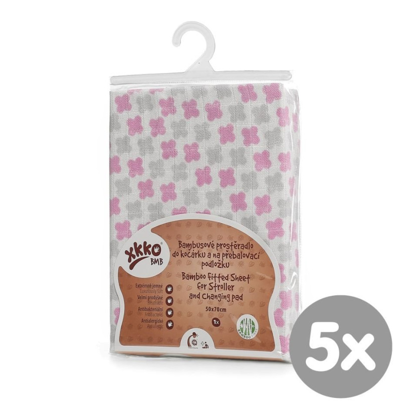 Bamboo muslin fitted sheet XKKO BMB 50x70 - Baby Pink Cross 5x1ps (Wholesale pack.)