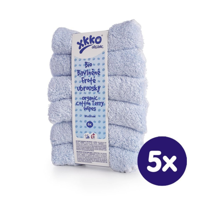 Organic cotton terry wipes XKKO Organic 21x21 - Baby Blue 5x6ps (Wholesale pack.)