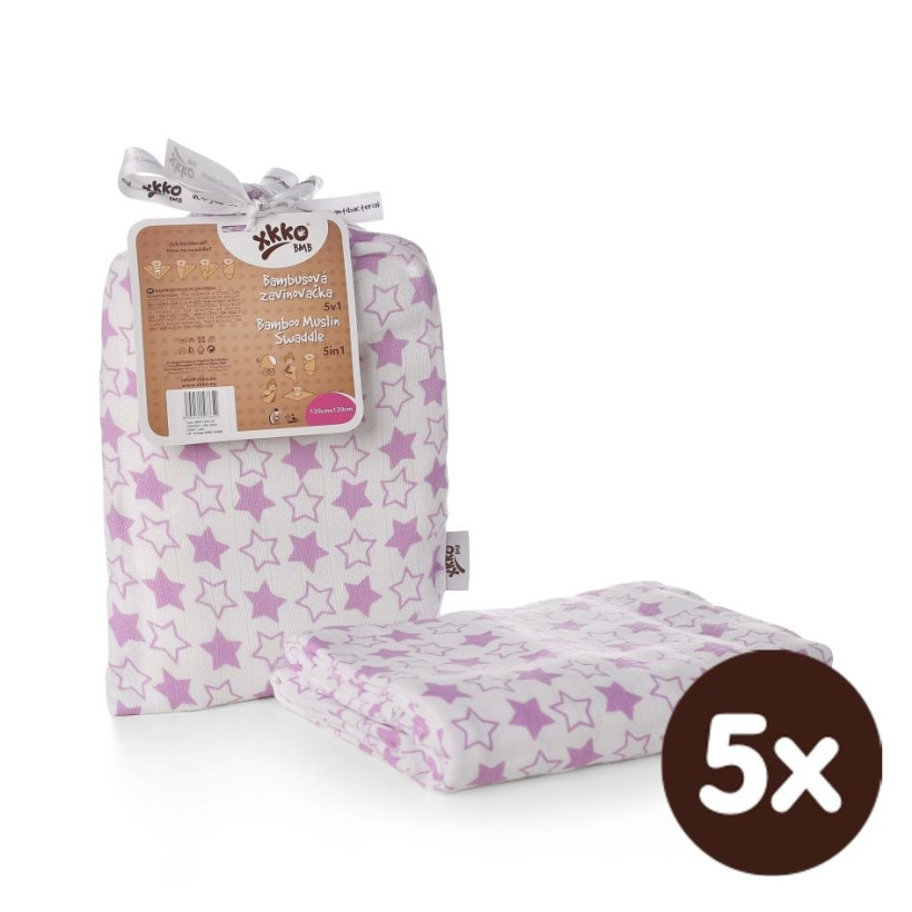 Bamboo swaddle XKKO BMB 120x120 - Little Stars Lilac 5x1ps (Wholesale packaging)