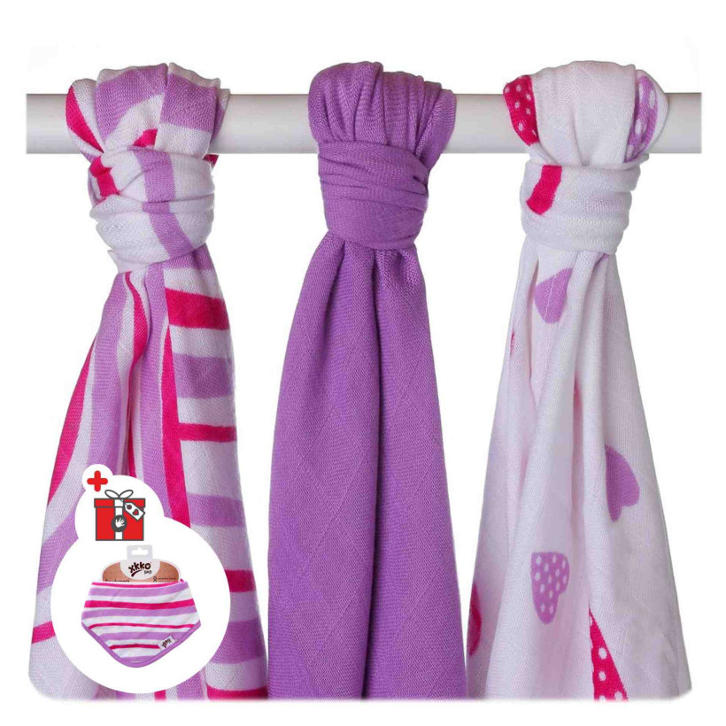 Bamboo muslins XKKO BMB 70x70 - Hearts&Waves Lilac MIX 3pcs